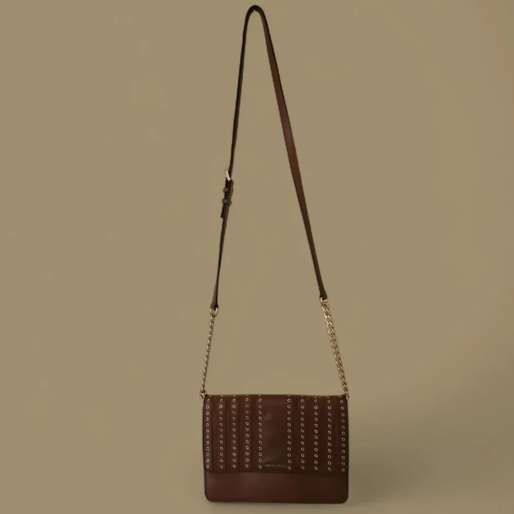 Michael Kors Brooklyn Leather Suede Brown Grommet Crossbody Bag